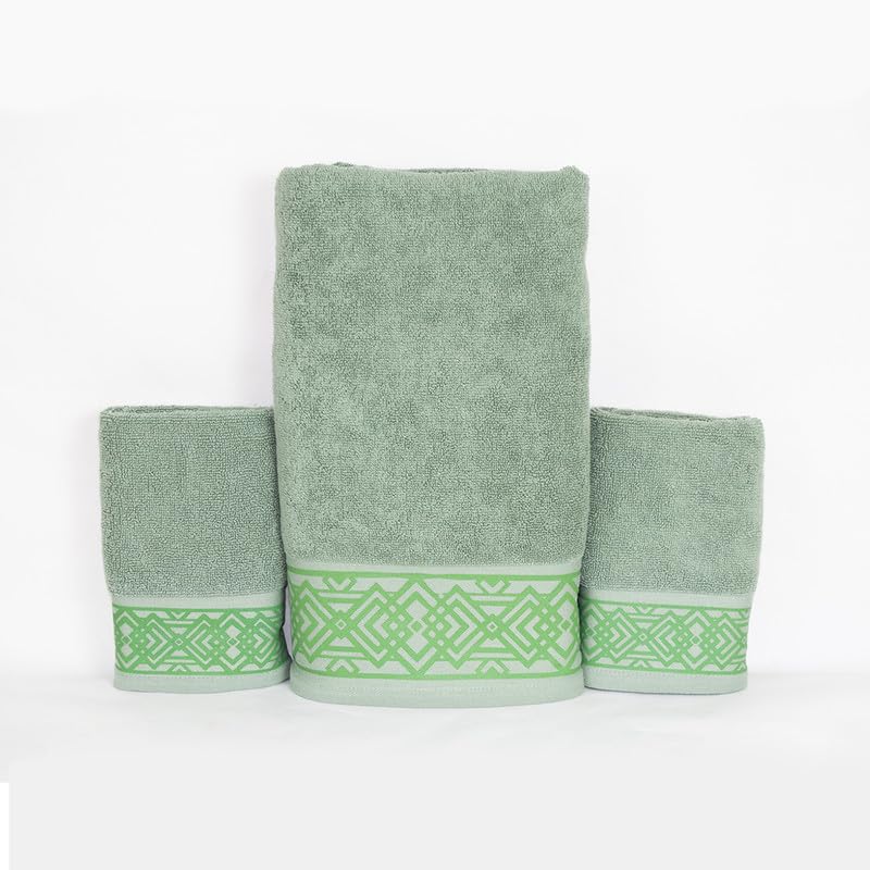 Rangoli 100% Cotton Fibre 2 Hand & 1 Bath Towel 1100 Gsm | Highly Durable & Absorbent Towel | Skin-Friendly & Quick Drying Luxury Towels (Green) - Pack Of 3