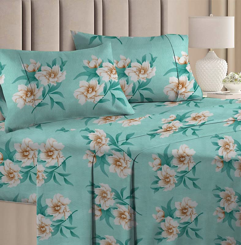 Printed Double Bedsheets With 2 King Size Pillow Cover - 90x90 Inches, Aqua | Double Bed With Corner Fit Wrinkle Free Super Soft Floral Pattern Breathable Bedsheet