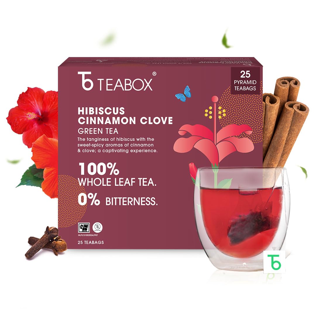 Teabox Hibiscus Cinnamon Clove Green Tea - 25 Pyramid Tea Bags | Natural Hibiscus, Cinnamon & Clove - Antioxidant Rich, Improves Immunity | Low Caffeine, 0% Bitterness