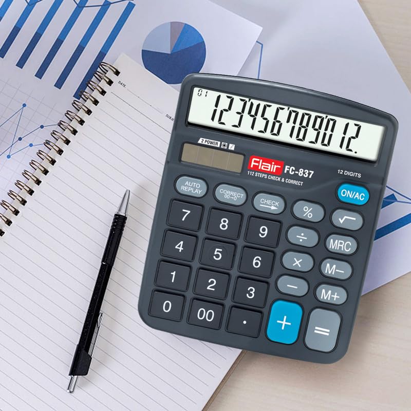 Flair Fc-837 Desktop Series Calculator | 12 Digits Calculator | Dual Power With Solar | Auto Replay With Big Display | Square Root Function | Ideal For School, College & Office | Black
