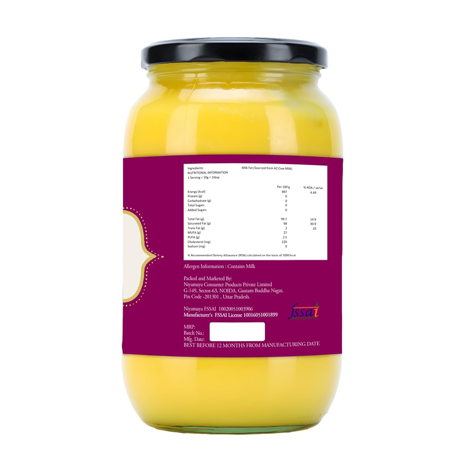 Natural A2 Desi Cow Ghee By Niyamaya | Perfect Aroma & Danedar Cultured Desi Cow Ghee For Digestive Health | (1 Litr) 33.8 Ounce | Jar Pack