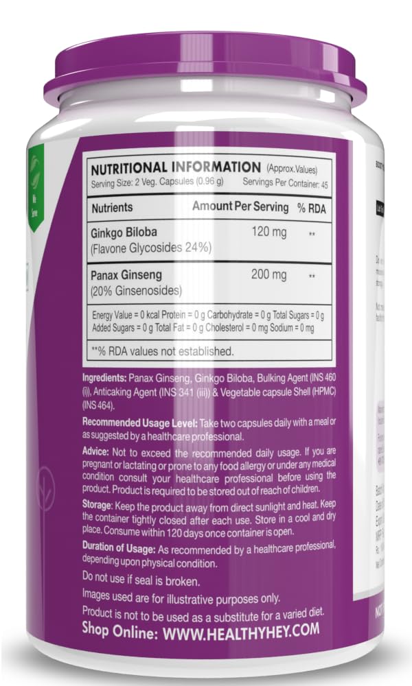 Healthyhey Ginseng + Ginkgo Biloba Improves Memory & Concenration, Safe & Effective Dose For Daily Consumption | 90 Veg Capsules 150gm 0.3lbs