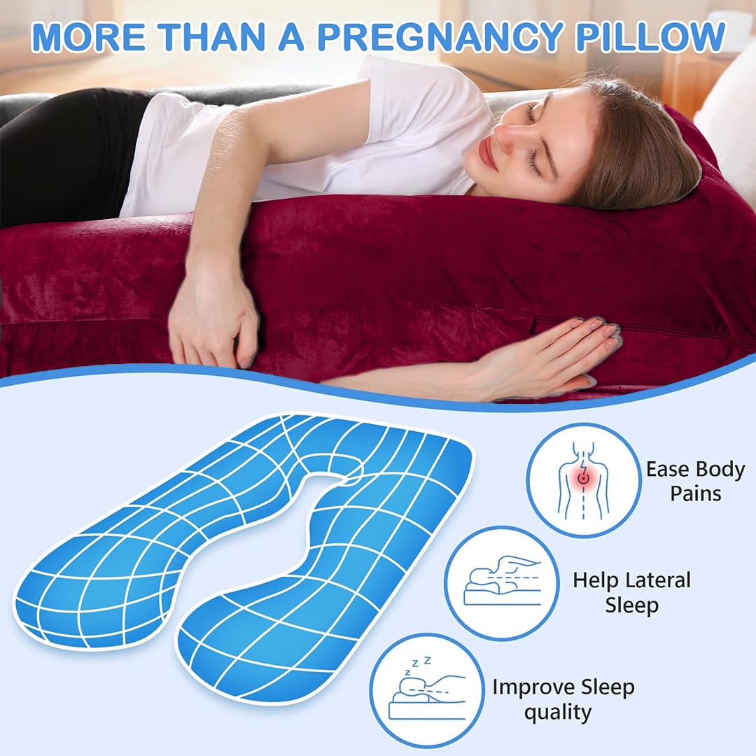 U Shaped Pillow, Pregnancy Pillow For Pregnant Women, Maternity Pillow, Maroon | Pregnancy Gifts For Women, Maternity Soft Pillows For Pregnancy Sleeping, Washable Velvet Cover