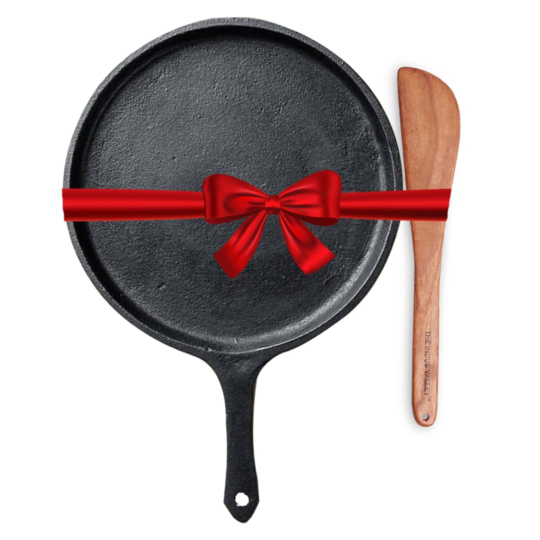 Pre-Seasoned Black Cast Iron Tawa With Free Wooden Spatula For Dosa, Chapathi - Small 25.7cm, 10.3 Inch, 2 Kg | Induction Friendly, Naturally Nonstick, 100% Pure & Toxin-Free, No Chemical Coating