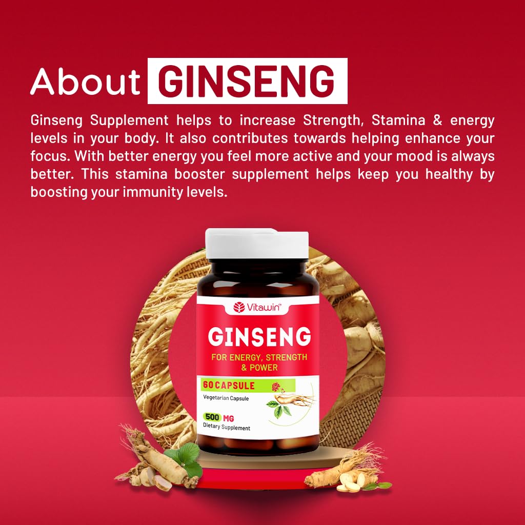 Vitawin Ginseng Capsules 500mg Ultimate Health & Nutrition Supplements For Rejuvanation, Strength, Stamina & Energy | 60 Capsules 100gm 0.2lbs