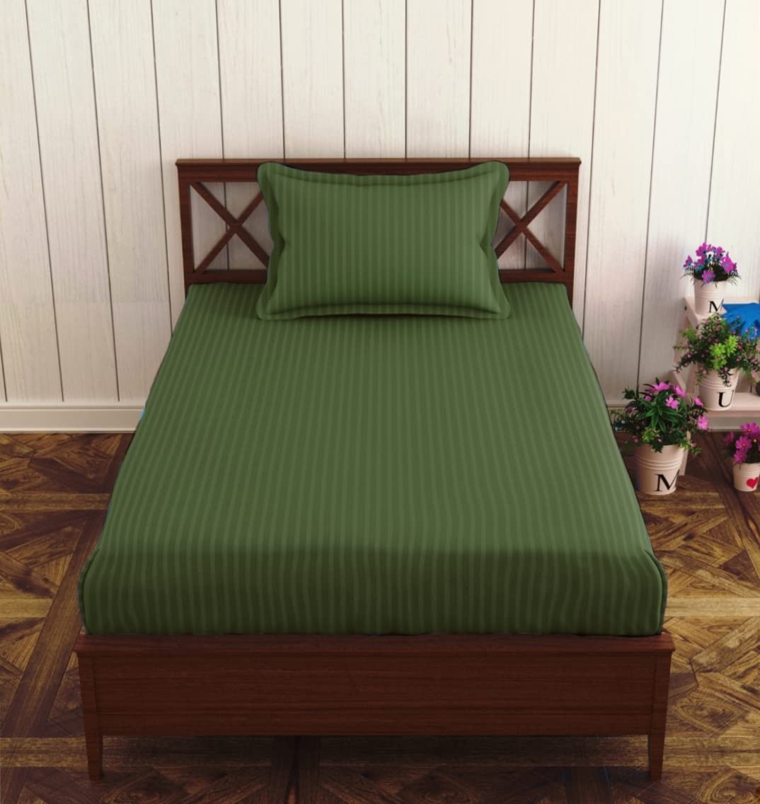 Elastic Fitted Cotton Single Bedsheet With One Matching Pillow Covers - 36 X 75 Inches, Moss Green | Soft Touch, Comfortable & Breathable