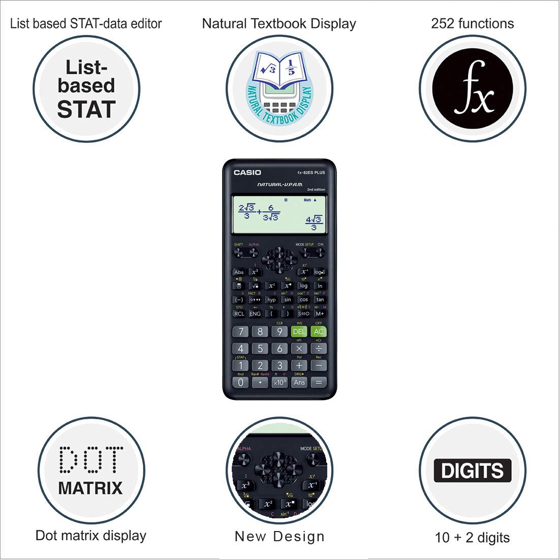 Casio Fx-82es Plus 2nd Edition - Non-programmable Scientific Calculator, 252 Functions | 10-digit Mantissa + 2-digit Exponential Display | 3-years Warranty