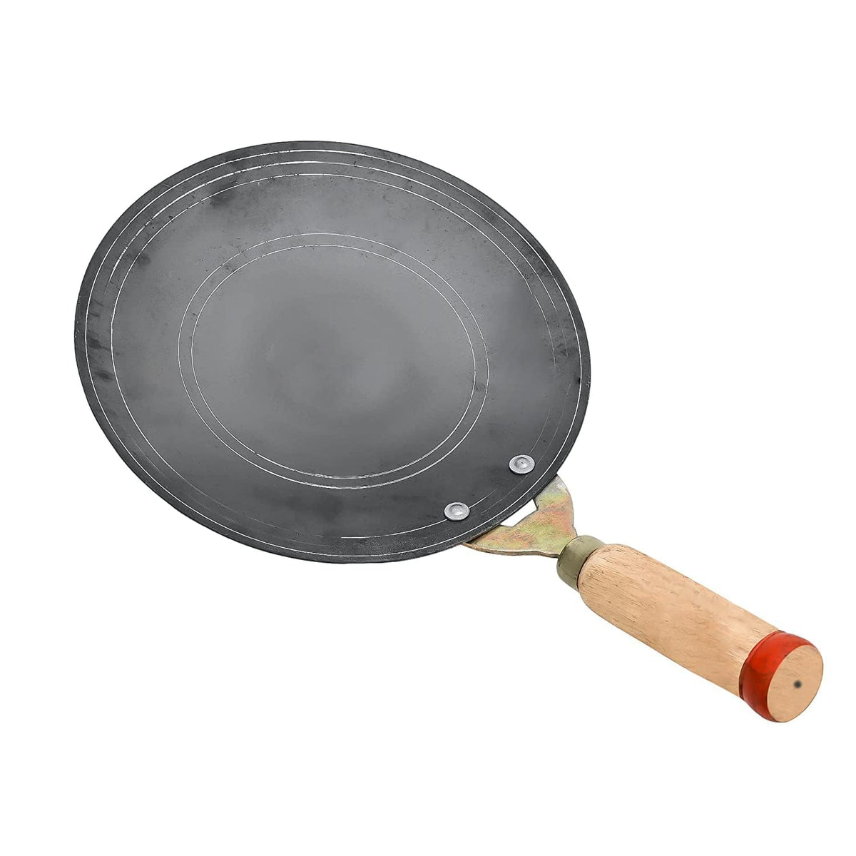 Iron Double Fitted Knob Handmade Tawa For Chapati, Roti With Wooden Handle 10.5 Inches - No Chemical Coating