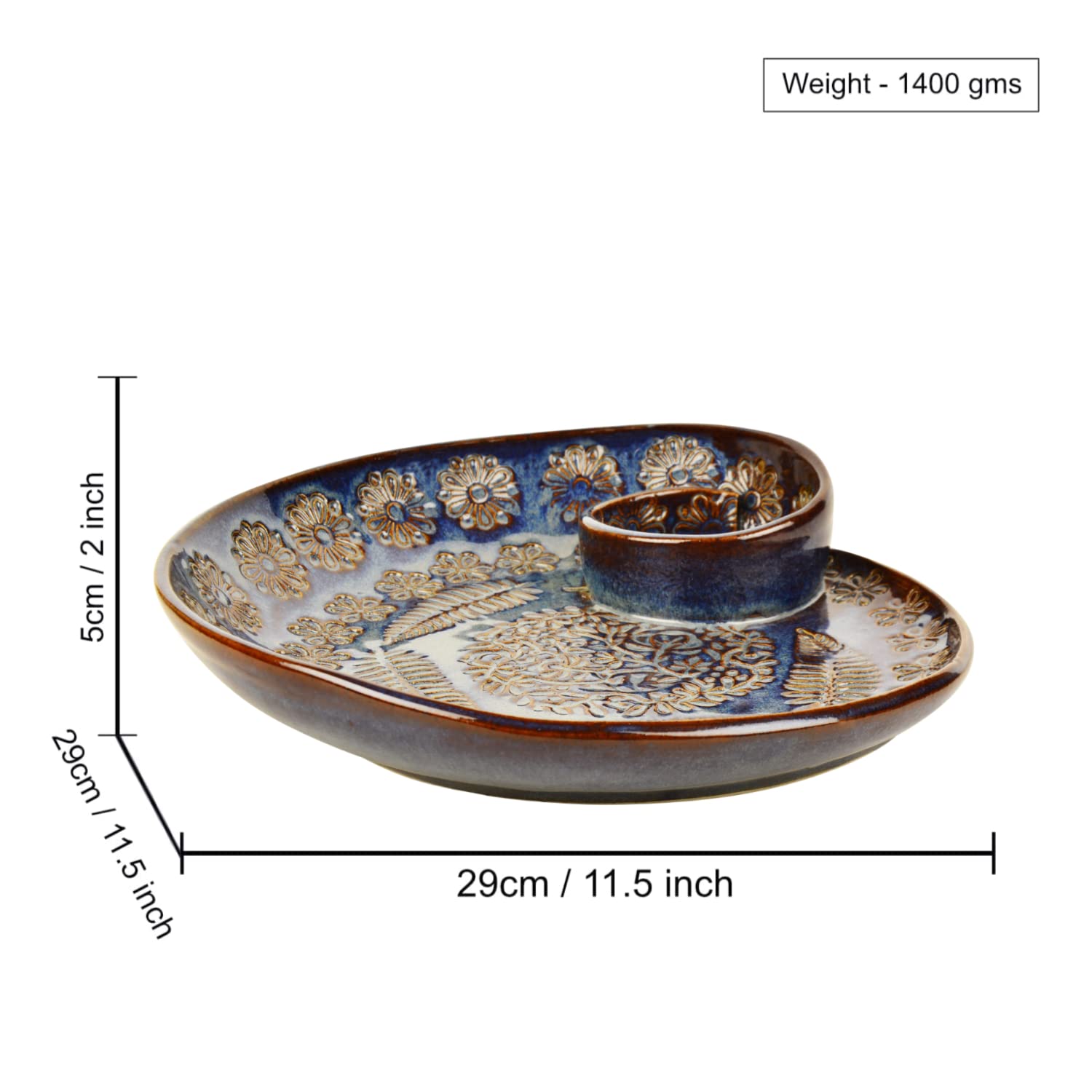 Luxurious Hand Embossed Ceramic Chip & Dip Platter With Fixed Dip Bowl - Dove Blue, 12 Inches, 1400 Gm | Starter Serving Platter - Kebab Platter