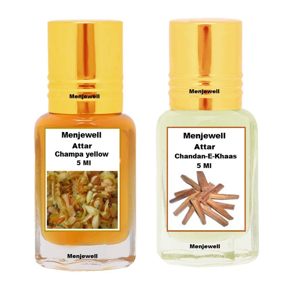 Menjewell Champa Yellow & Chandan-E-Khaas Attar Perfume 5ml 0.17 Fl.oz. Each Pack Of 2 Unisex Fragrance | Long Lasting | Alcohol Free