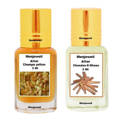 Menjewell Champa Yellow & Chandan-E-Khaas Attar Perfume 5ml 0.17 Fl.oz. Each Pack Of 2 Unisex Fragrance | Long Lasting | Alcohol Free