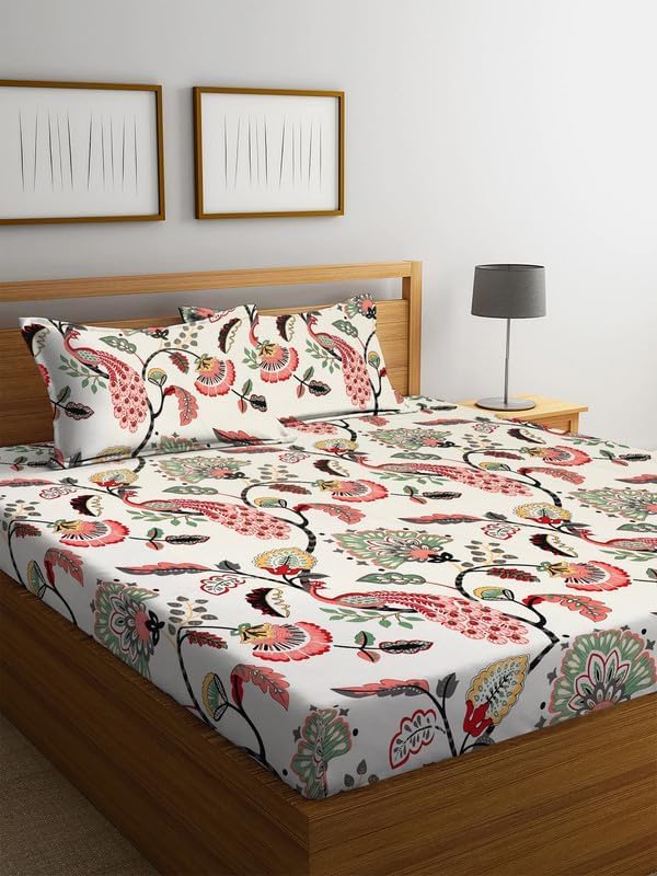 Printed King Size Double Bedsheet With 2 Pillow Covers | 78 X 72 Inches, Beige - Cotton Feel All Around Elastic Fitted King Size Double Bed