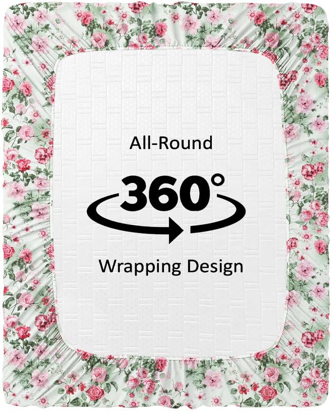 Cotton Fitted Bedsheets With 2 Matching Pillow Covers For King Bed | Size 78x72+10 Inches, Green & Pink - Soft, Durable & Wrinkle Free | Ideal For Daily Use