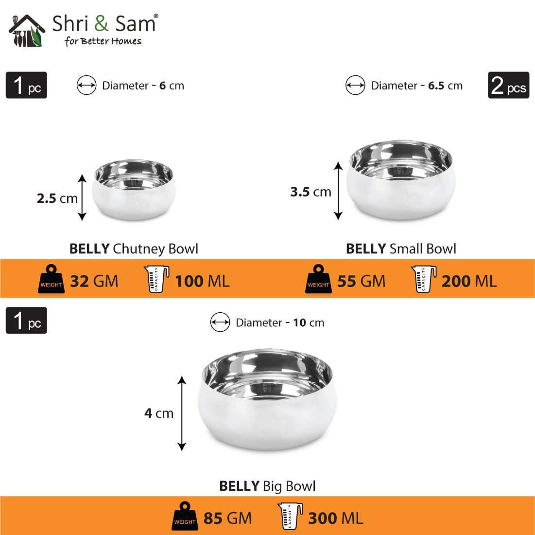 Stainless Steel Belly Thali Set Of 8 Pieces, Silver | 1 Thali+ 1 Big Bowl+ 2 Small Bowl+ 1 Chutney Bowl+ 1 Glass+ 1 Dabra+ 1 Dessert Spoon