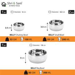 Stainless Steel Belly Thali Set Of 8 Pieces, Silver | 1 Thali+ 1 Big Bowl+ 2 Small Bowl+ 1 Chutney Bowl+ 1 Glass+ 1 Dabra+ 1 Dessert Spoon