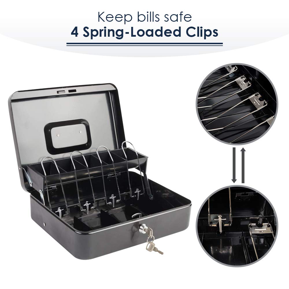 Locking Cash Box With Lock, Money Box With Cash Tray, Lock Safe Box With Key, Money Saving Organizer,11.81lx 9.45 Wx 3.54h Inches, Colour - Black Xl Large