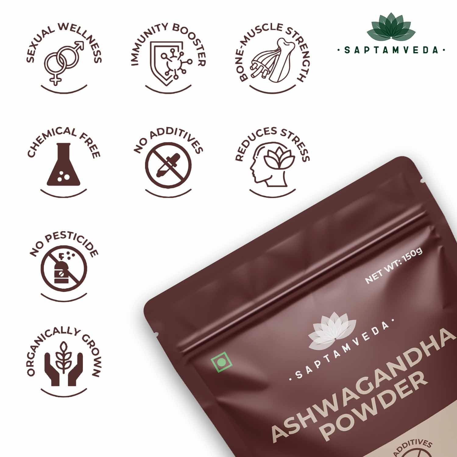 Saptamveda Premium Organic Ashwagandha Roots Powder Withania Somnifera, For Men And Women, Concentrated Extract Ratio Of 5:1. Enhance Your Daily Regimen Effortlessly | 150gm 0.3lbs
