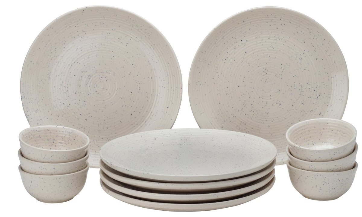 Hand Painted Ceramic Dinner Set Of 12 Pieces Dinnerware Set - Ivory White | Set Of 6 Dinner Plates + 6 Salad Bowl, 180ml Each - Microwave & Dishwasher Safe