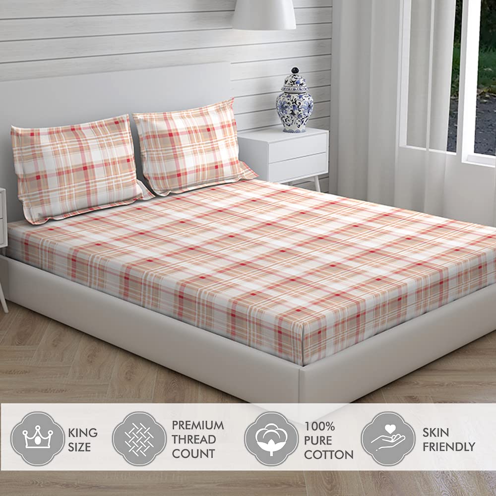 100% Cotton King Size Double Bedsheet Set With 2 Pillow Covers - 107 X 107 Inches, White & Red | Good For Villas, Resorts, Guest Houses, & Daily Home Use