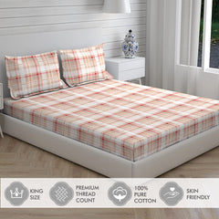 100% Cotton King Size Double Bedsheet Set With 2 Pillow Covers - 107 X 107 Inches, White & Red | Good For Villas, Resorts, Guest Houses, & Daily Home Use