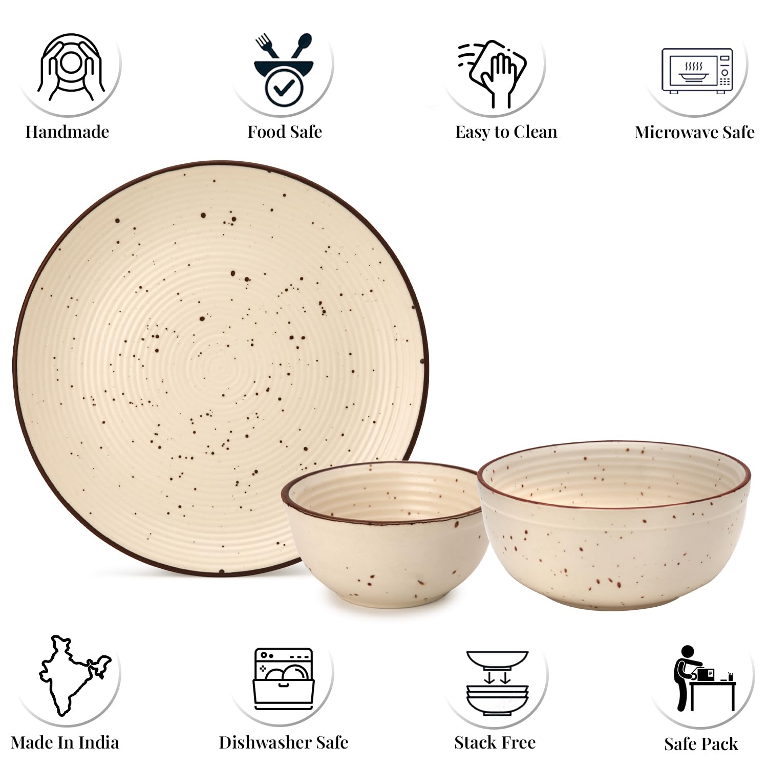 Handcrafted Ceramic Stoneware Dinner Set Of 10 Pcs With Serving Bowl Set, Beige | 4 Dinner Plates, 10.6 Inch Each + 4 Salad Bowl, 180ml Each+ 2 Serving Bowl, 1000ml Each - Microwave & Dishwasher Safe