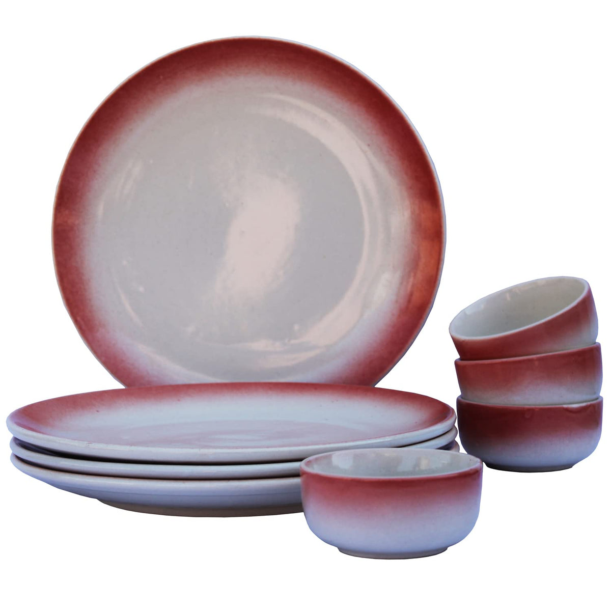 Handcrafted Ceramic Stoneware Dinner Set Of 4 - Ceramic Pack Of 8 Pcs, Red & Off White | 4 Dinner Plates + 4 Bowl Or Katori, 180ml Each - Microwave & Dishwasher Safe | Serving For 4