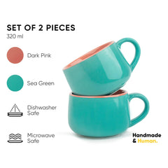 Ceramic Medium Cup Set Of 2 - Sea Green & Dark Pink, 320ml Each | Cup Set Of 2 For Coffee & Tea With Glossy Finish - Premium Stoneware Ceramic Cup | Microwave Safe & Dishwasher Safe