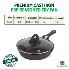 Pre-Seasoned Black Cast Iron Fry Pan Or Skillet With Glass Lid - Medium, 20.3cm, 8 Inch, 0.9 Ltr, 1.6 Kg | Induction Friendly, Nonstick Fry Pan, 100% Pure & Toxin Free, No Chemical Coating