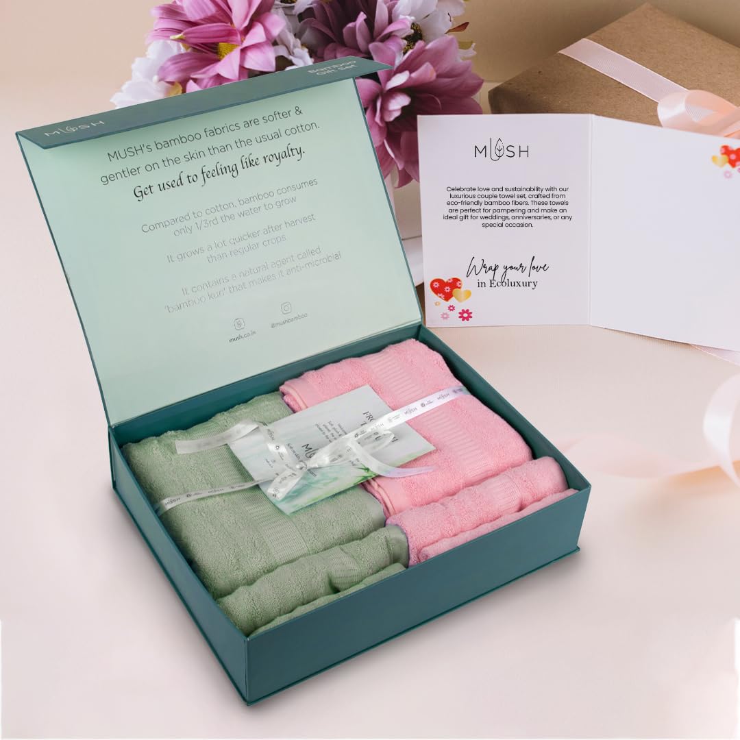 Mush Bamboo Luxurious 2 Bath + 2 Hand & 2 Face Towel 2000 Gsm | Ultra Soft, Absorbent & Antimicrobial Towel (Olive & Pink) -6 Piece