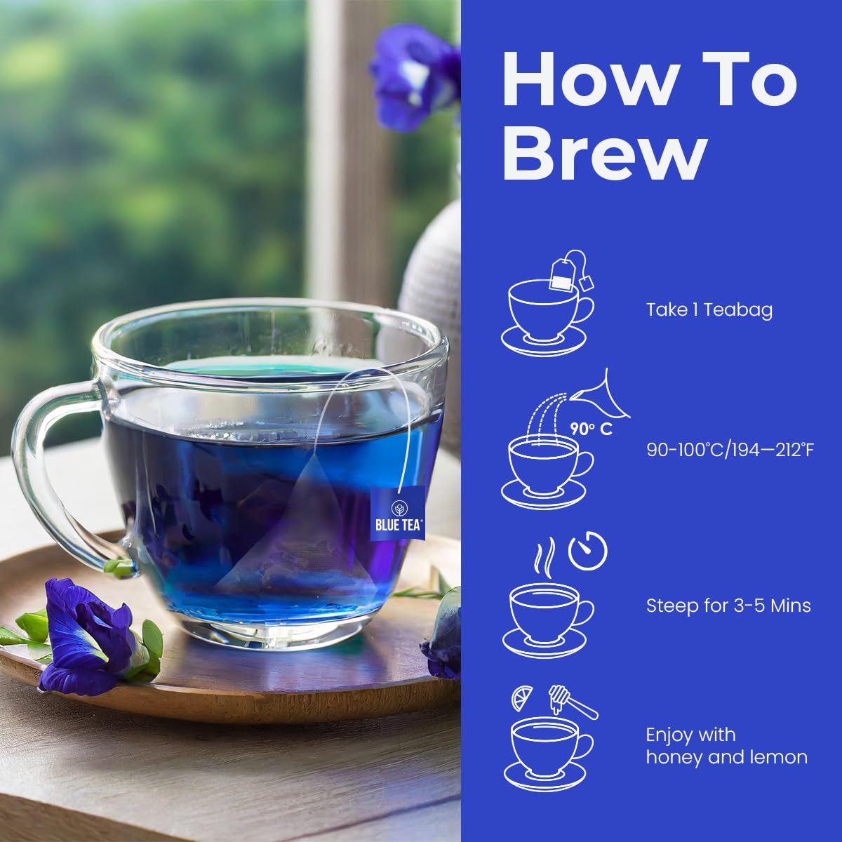 Blue Tea Butterfly Pea Flower Mint Herbal Tea - 30 Pyramid Tea Bags | Supports Overall Health & Well Being - Caffeine Free, Non-GMO, Antioxidant-Rich
