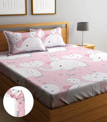 Elastic Fitted Kids Elephant & Kitty Double Bedsheet 2 King Size Pillow Covers, Baby Pink (72x78 Inches) | Lightweight, Soft & Breathable - Perfect For Gifting Bedsheet