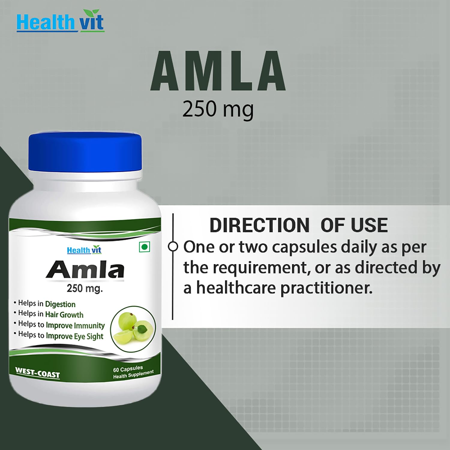 Healthvit Amla Organic Amla Without Sugar & Skin Foods Glow Mix, Priority Glow Mix, Good For Immunity, Rich Source Of Vitamin C | 60 Capsules 100gm 0.2lbs