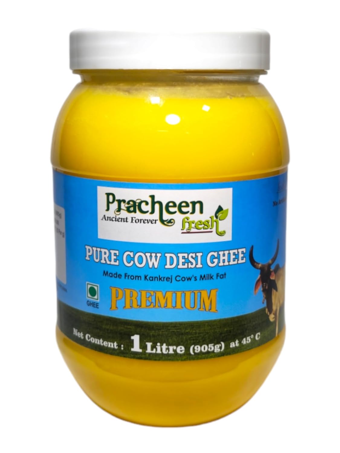 Organic Pure Cow Desi Ghee (Kankrej) Ghee By Pracheen Fresh | Natural & Healthy Protein Fiber Desi Cow Ghee Perfect For Parathe | (1 Litre) 33.8 Ounce | Jar Pack