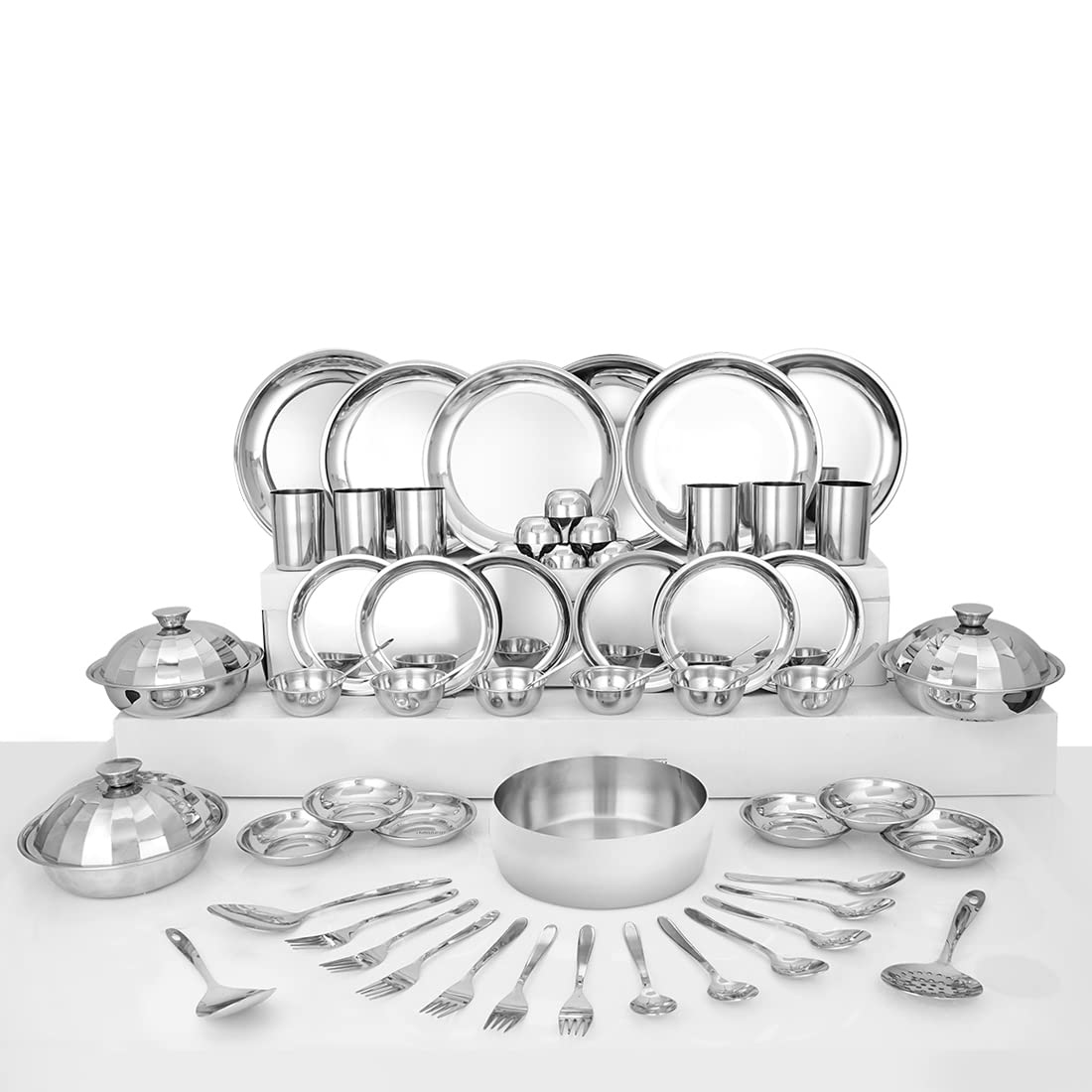 Stainless Steel Delight Solid Dinner Set Of 61 Pieces, Silver | Easy To Clean & Dishwasher Safe