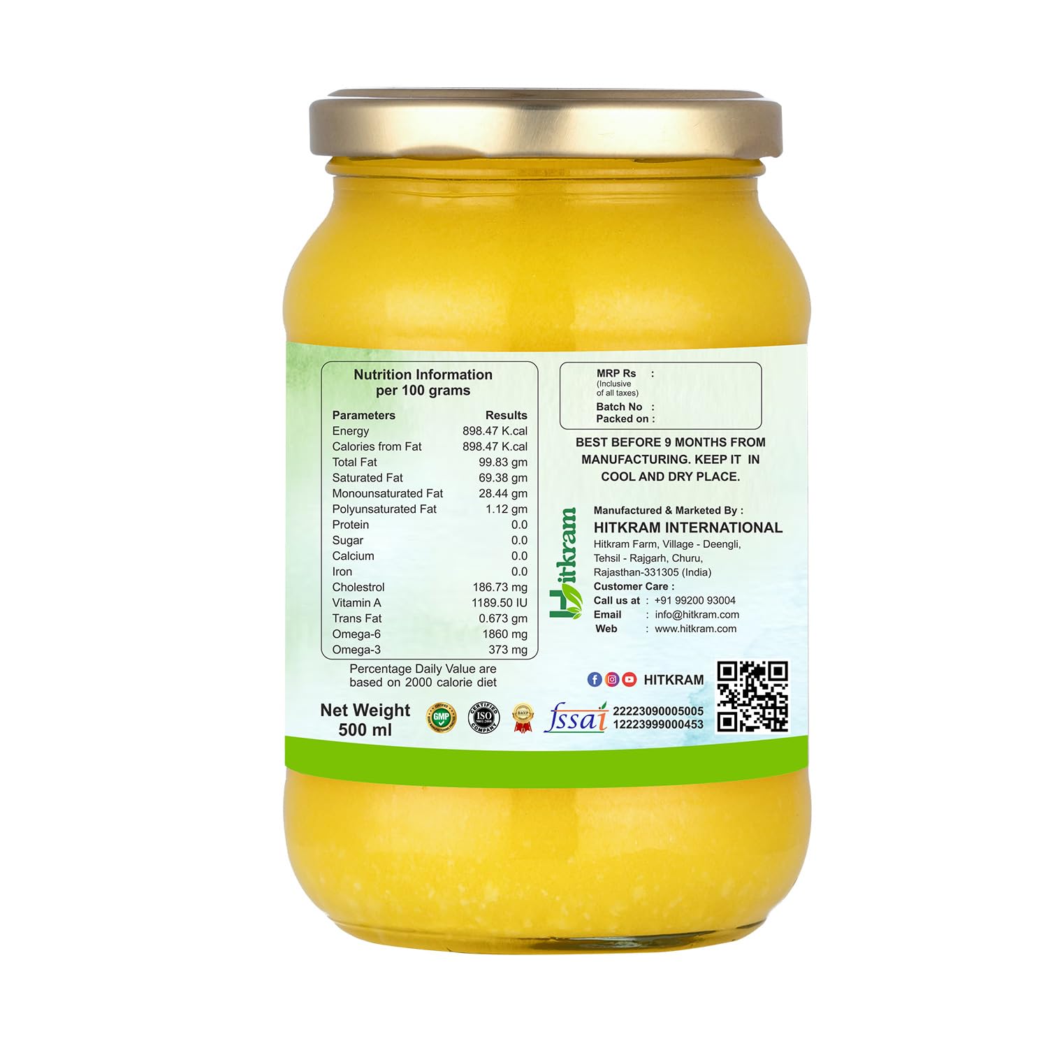 Pure Organic A2 Desi Cow Ghee By Hitkram | Homemade Healthy Fresh Desi Ghee Hand-Churned Using Traditional Bilona Method Good For Joint Pain | (500ml) 16.9 | Jar Pack