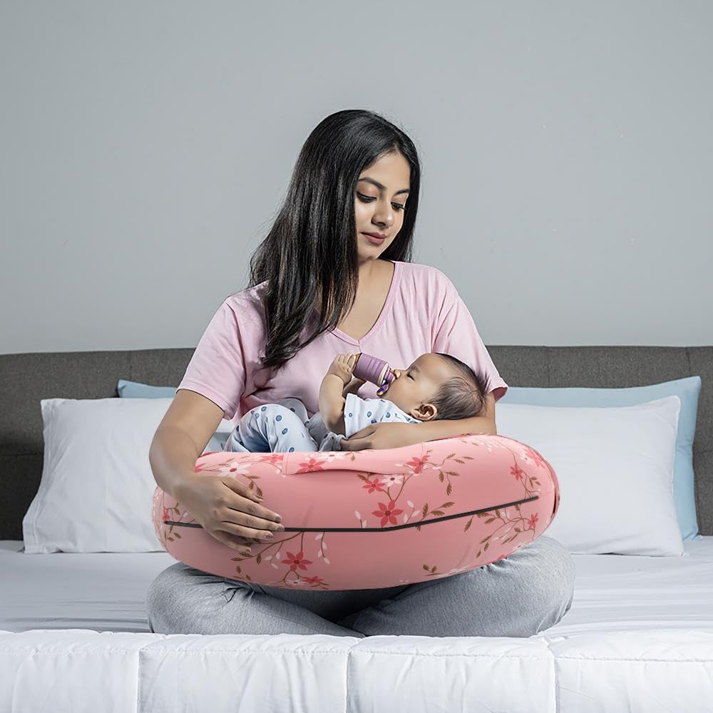 Feeding Pillow For New Born Baby, 5 In 1 Multipurpose Use, Nursing Pillow, Pink | Pillow With Belt & Hoop For Breastfeeding With Cotton Removable Cover | Machine Washable, Comfortable