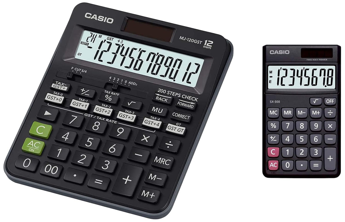 Casio MJ-120GST GST Calculator (Black) & Casio SX-300-W Portable Calculator | GST Calculator For Easy & Fast GST Calculation