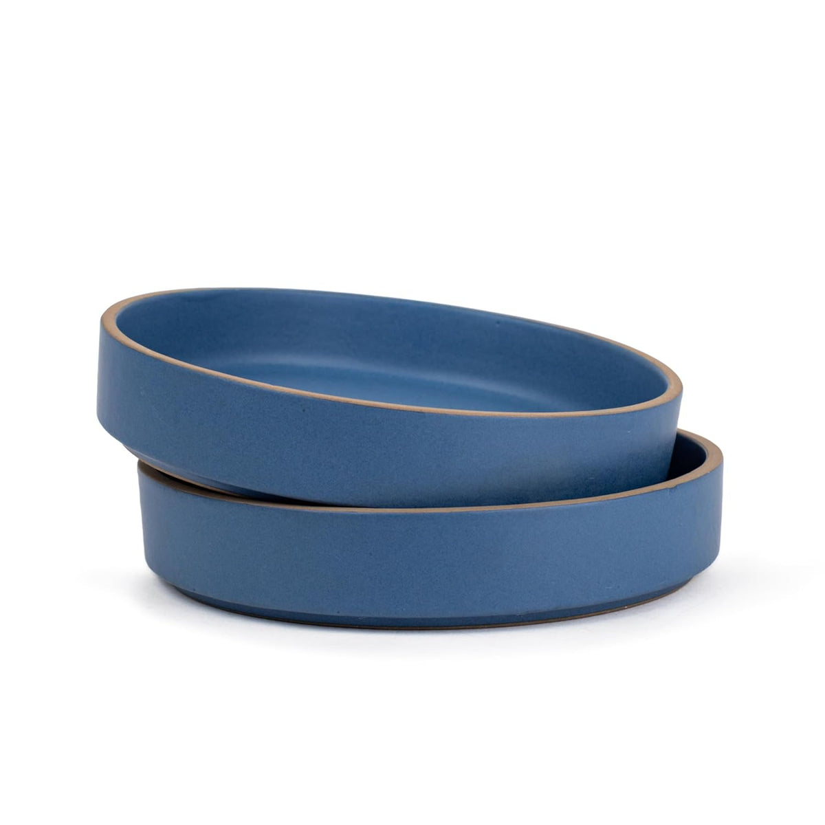 Stackable Ceramic Pasta Bowl Set Of 2 Pieces - 22cm, Blue With Brown Rim | Ceramic Pasta Plate With Matte Finish | Deep Plate - Ceramic Bowl | Pasta Serving Plate