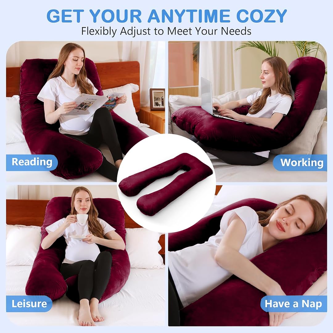 U Shaped Pillow, Pregnancy Pillow For Pregnant Women, Maternity Pillow, Maroon | Pregnancy Gifts For Women, Maternity Soft Pillows For Pregnancy Sleeping, Washable Velvet Cover