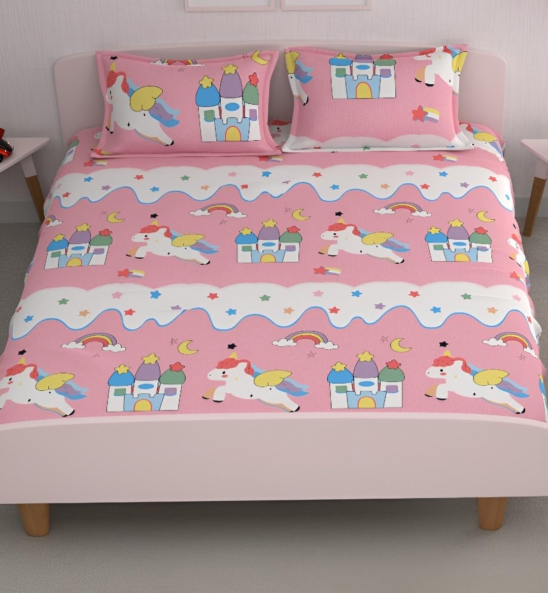 Cartoon Printed Double Bedsheet For Kids With 2 Pillow Cover - 72 X 78 X 10 Inches, Pink & White | Cotton Feel All Around Elastic Fitted King Size Double Bed