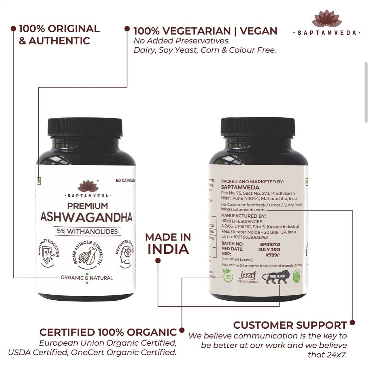 Saptamveda Natural Ashwagandha 100% Organic & Natural | 60 Capsules 100gm 0.2lbs