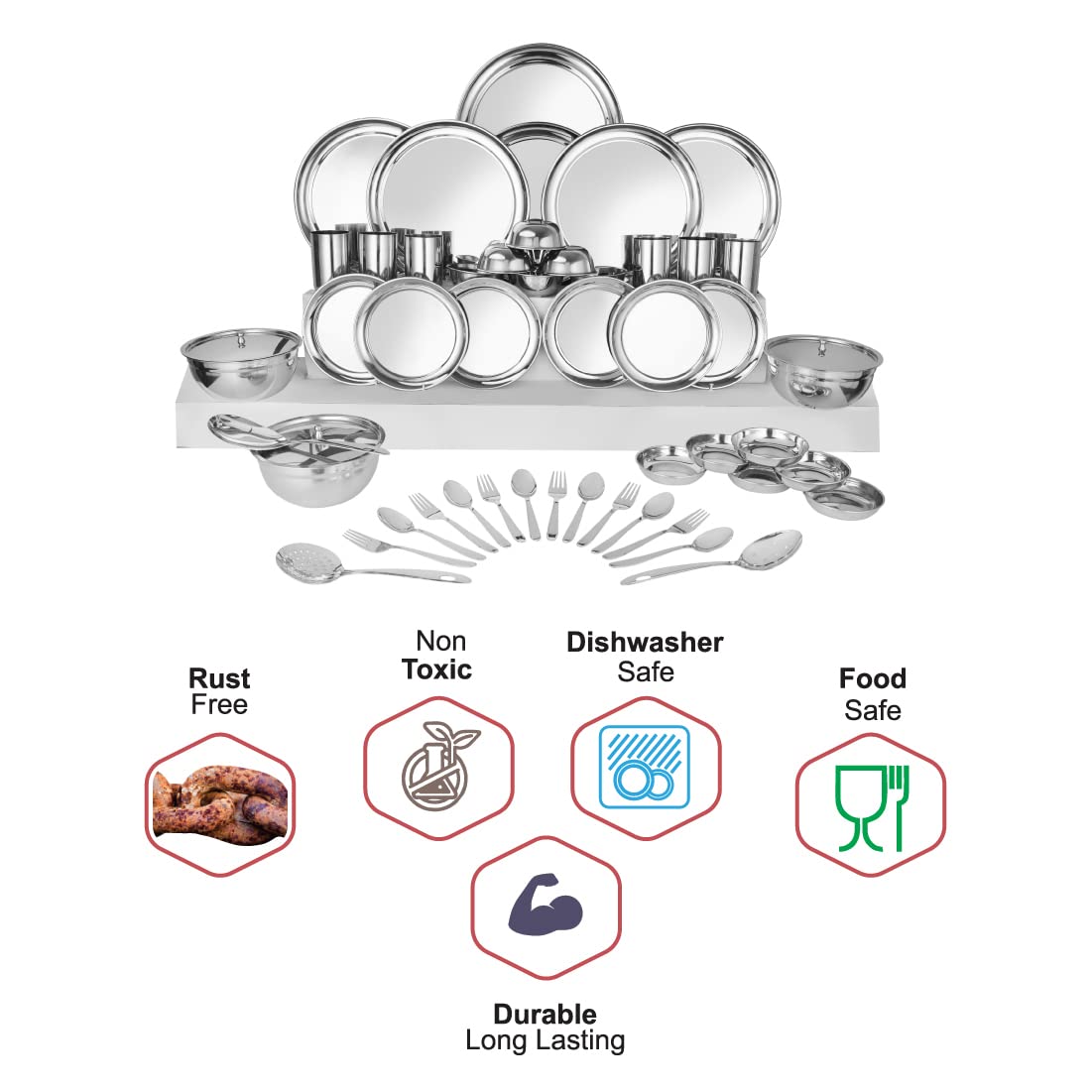 Stainless Steel Shagun Solid Dinner Set Of 51 Pcs, Silver | Easy To Clean - Dishwasher Safe