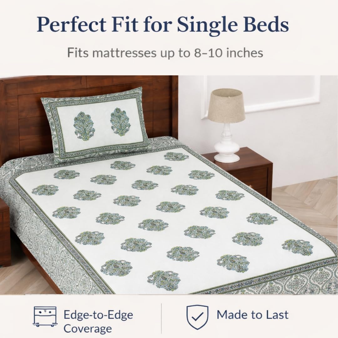 Soft Cotton Single Size Bedsheet With 1 Pillow Cover - 60 X 90 Inches, Cream & Green | Durable For Everyday Use - All Season Comfort