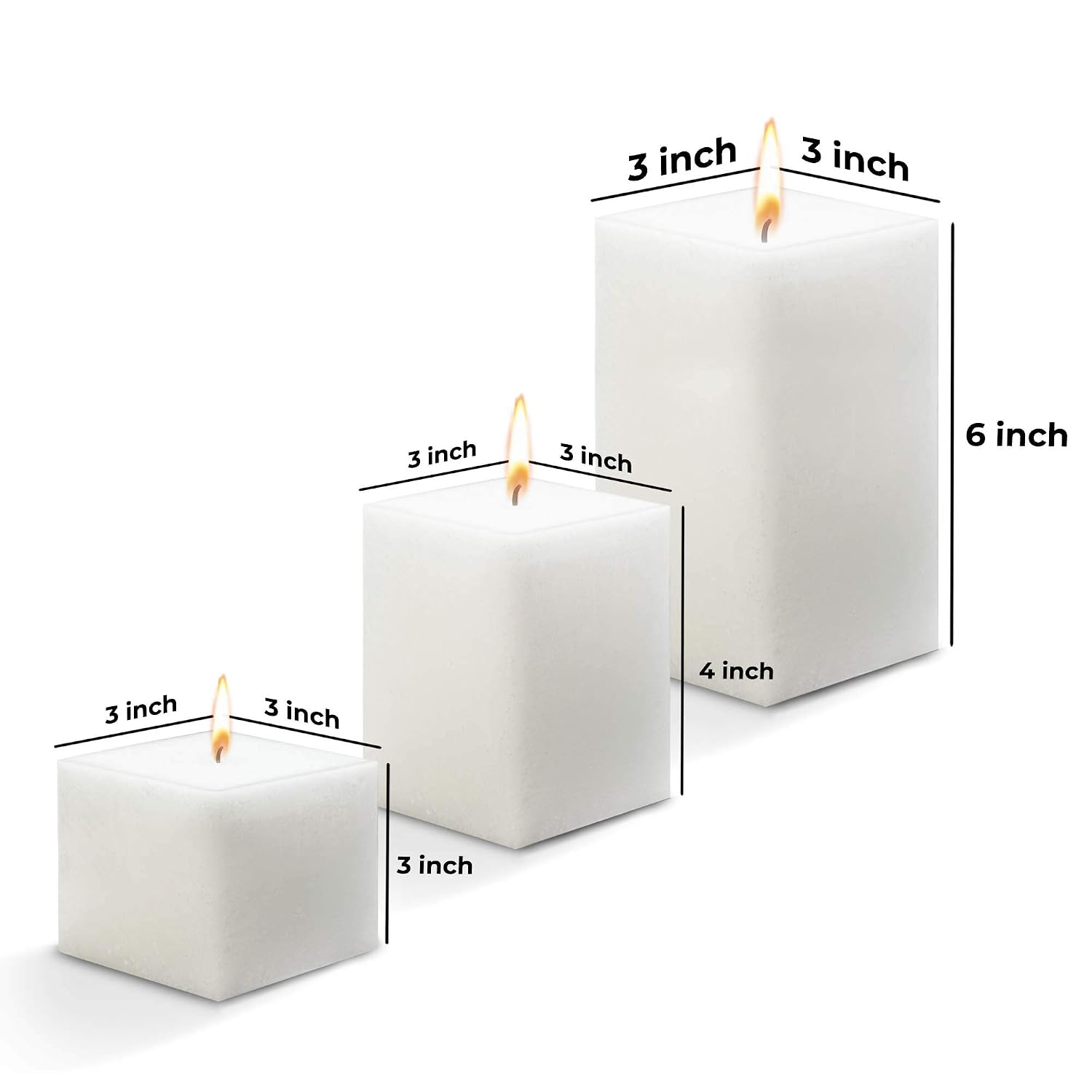 WHITE SQUARE CANDLES 3, 4, 6 INCH SET OF 3 | BURNING TIME OF 40 TO 80 HOURS