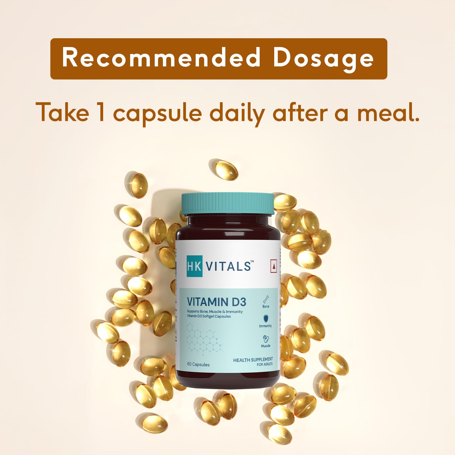 Healthkart Hk Vitals Vitamin D3 (600 Iu), With Sunflower Oil, Promotes Calcium Absorption, Bone Health, Muscle Strength & Immunity | 60 Vitamin D Capsules , 100gm 0.2lbs