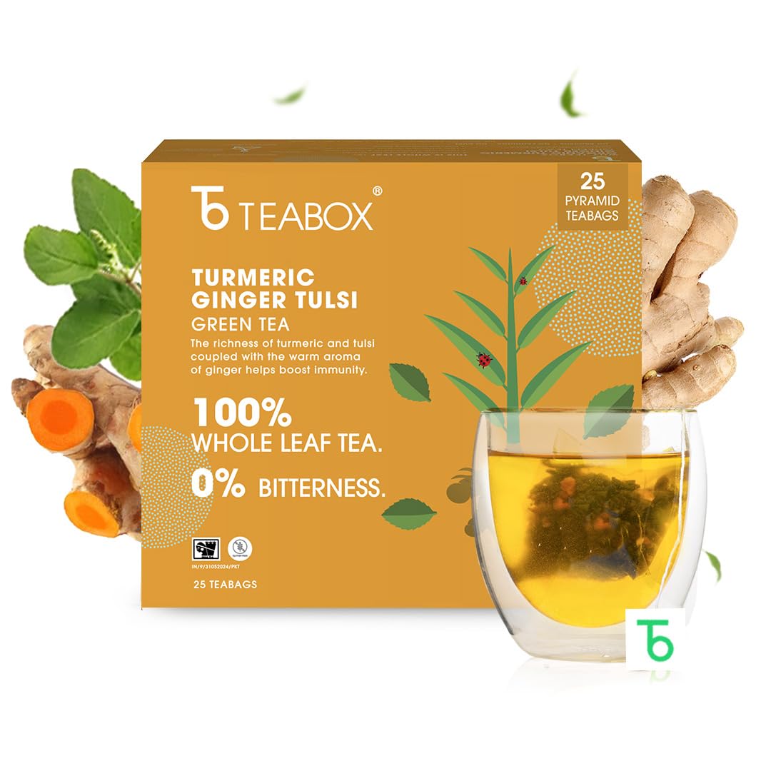 Teabox Turmeric Ginger Tulsi Green Tea - 25 Tea Bags | Made With 100% Whole Leaf, Natural Ginger, Turmeric & Tulsi - Flavorful & Soothing Tea | Low Caffeine, 0% Bitterness