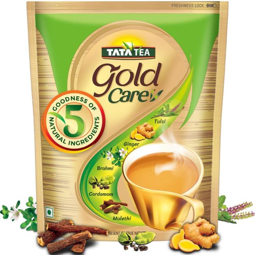 Tata Tea Gold Care Tea - 1 Kg, 35.2 Ounce | Goodness Of Elaichi, Ginger, Tulsi, Brahmi & Mulethi - Medium Caffeine Loose Leaves Chai Patti | Zip Lock Package