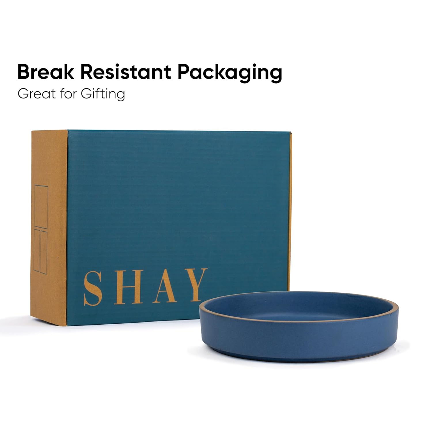 Stackable Ceramic Pasta Bowl Set Of 2 Pieces - 22cm, Blue With Brown Rim | Ceramic Pasta Plate With Matte Finish | Deep Plate - Ceramic Bowl | Pasta Serving Plate