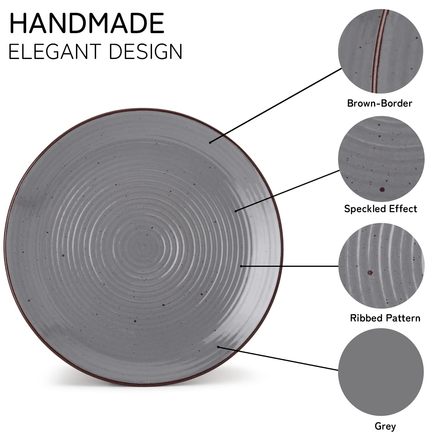 Hand Painted Ceramic Solid Dinner Set Of 18 - Grey | 6 Dinner Plates, 10 Inch Each+ 6 Small Plates, 7 Inch Each + 6 Small Dinner Bowls, 180ml Each - Microwave & Dishwasher Safe