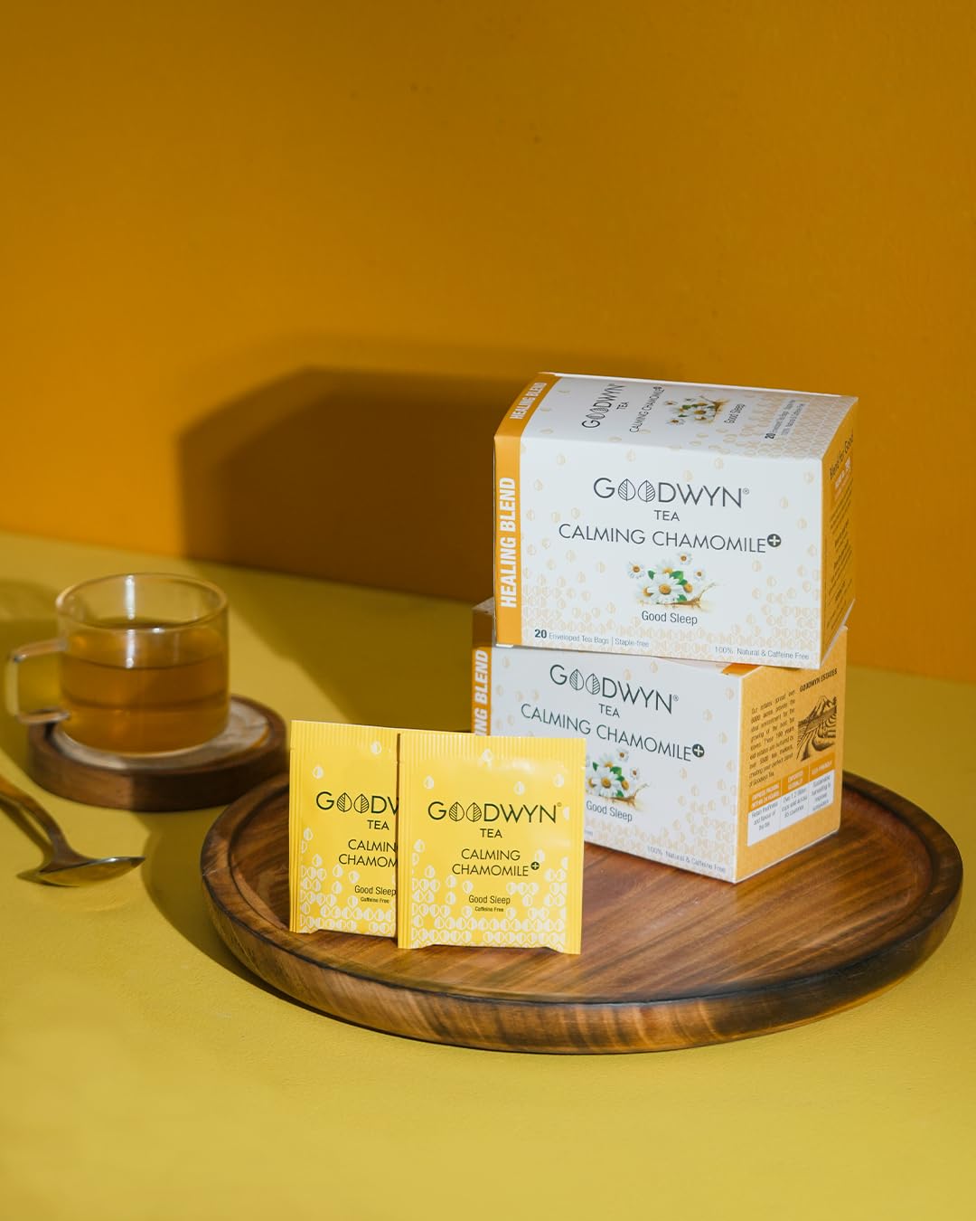 Goodwyn Calming Chamomile Herbal Tea - 20 Enveloped Tea Bags | Boosts Immunity, Relieves Stress - Handpicked & Farm Fresh Herbal Tea | Caffeine Free, No Preservatives